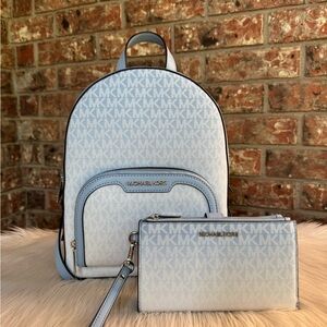 Michael Kors Sky Blue Monogram Backpack and Wallet